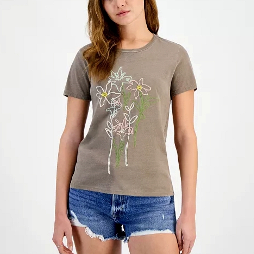 💲ON CLEARANCE💲Lucky Brand Embroidered Floral Tee in Pine Bark sz XS